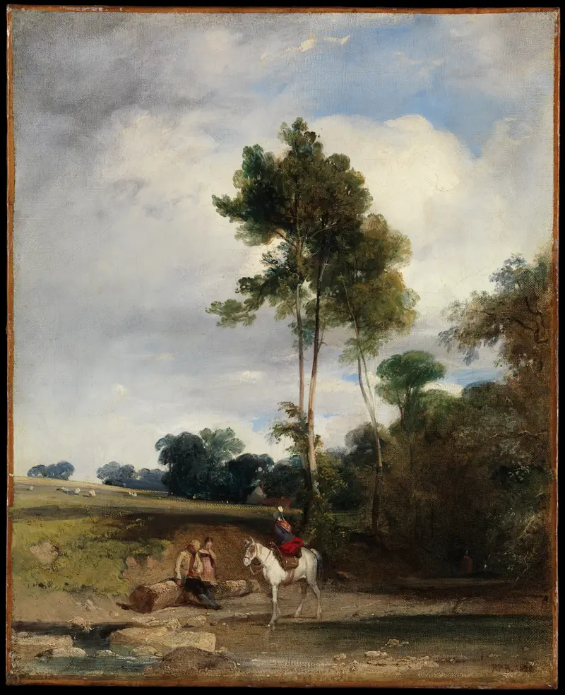 Roadside Halt by Richard Parkes Bonington, oil on canvas depicting a tranquil landscape with light and nature.