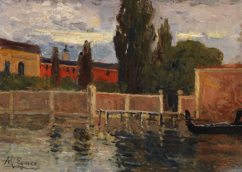 San Lazzaro bei Venedig by Marie Egner, oil on canvas depicting a monastery under a cerulean sky.