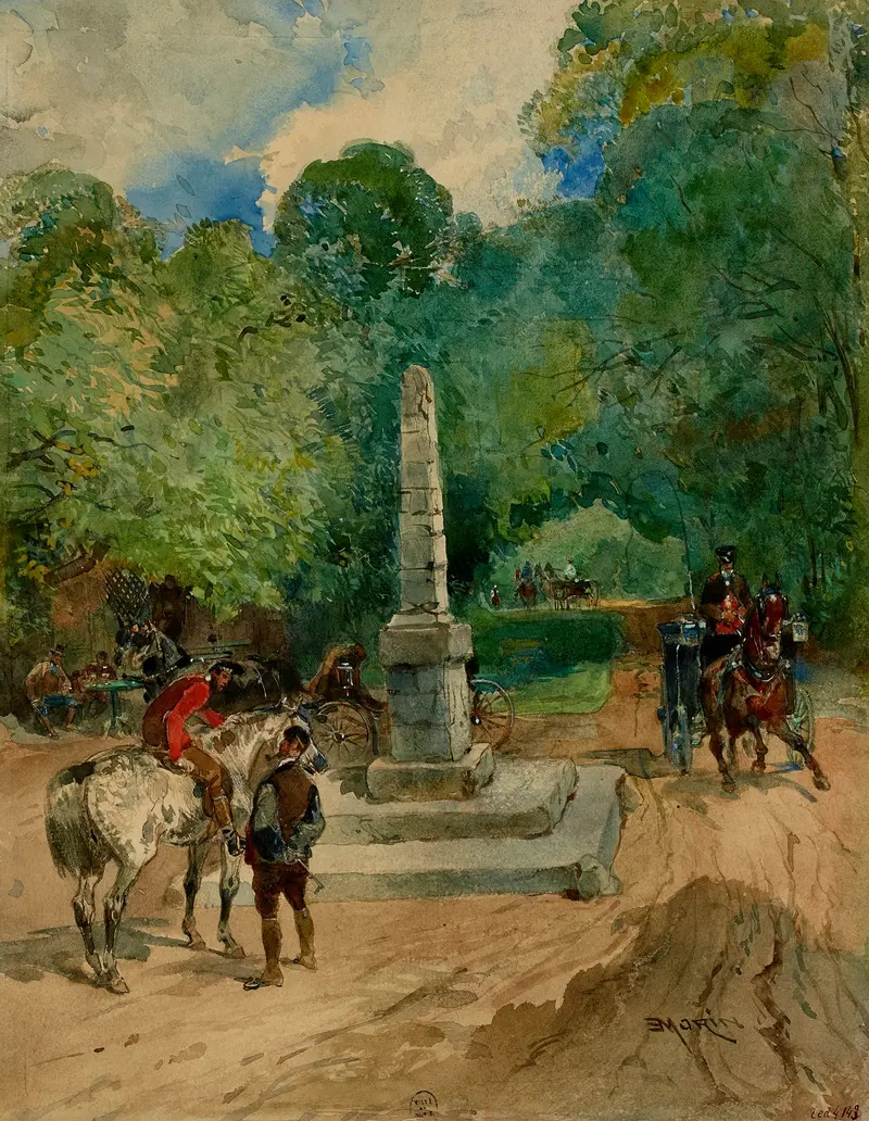 Genre scene depicting figures under trees, oil painting by Edmond Morin