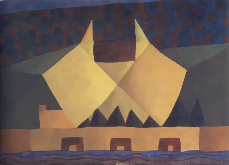 Two golden forms rise against a twilight sky, with violet water below and an ochre structure hinting at bridges.