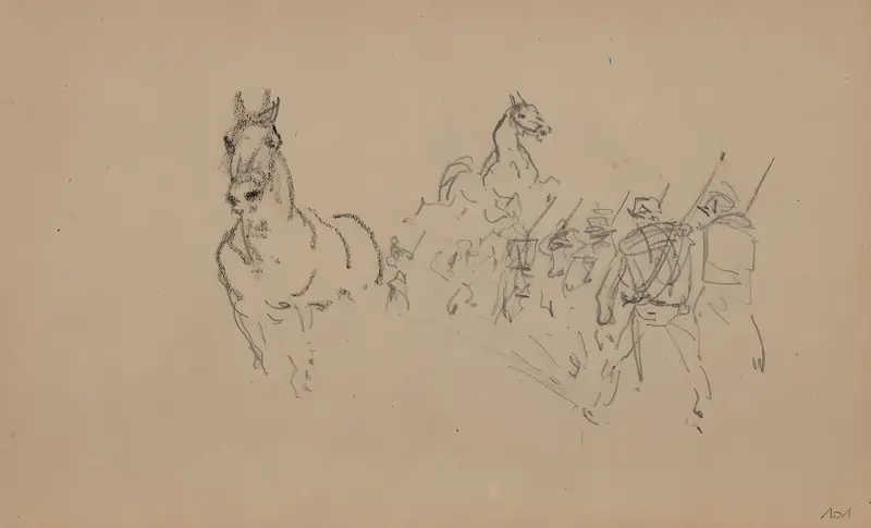 This painting depicts military maneuvers with horses in a dynamic setting.