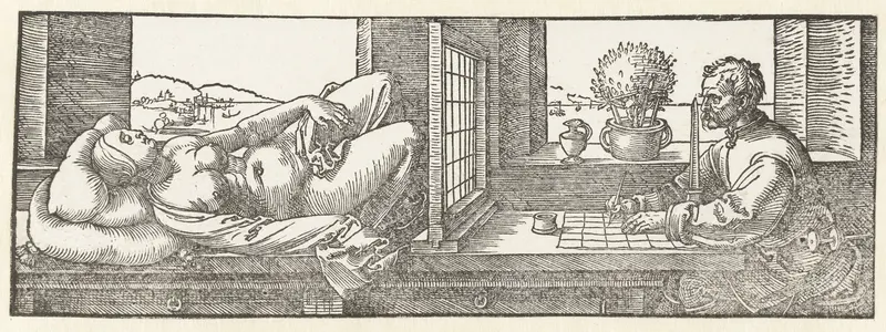 Drawing on paper by Albrecht Dürer depicting a woman being sketched by an artist