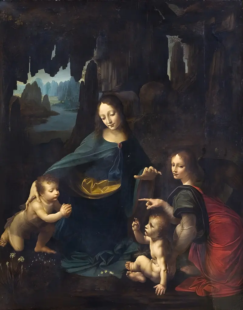 The Virgin of the Rocks depicts the Virgin Mary with the Christ Child in a rocky landscape.
