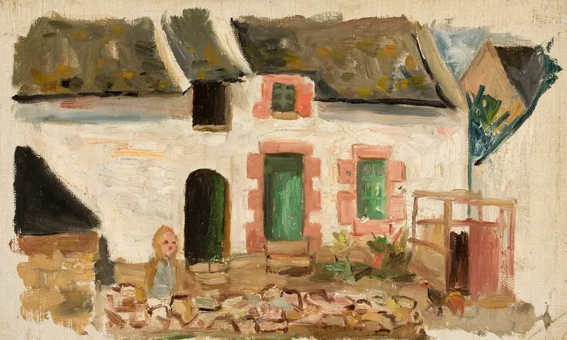 Figurative oil painting by Tadeusz Makowski depicting a child in front of a home