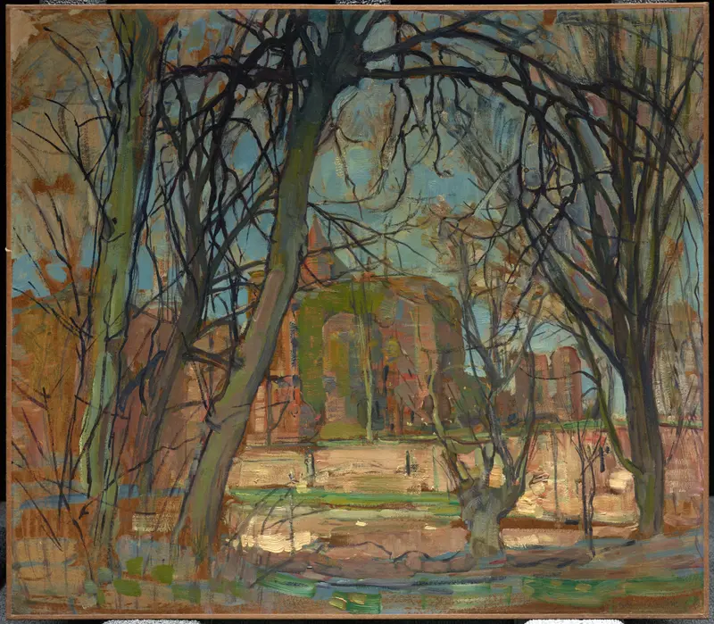 Spring Sun (Lentezon); Castle Ruin by Piet Mondrian, oil on canvas depicting a castle ruin with sunlight and foliage.