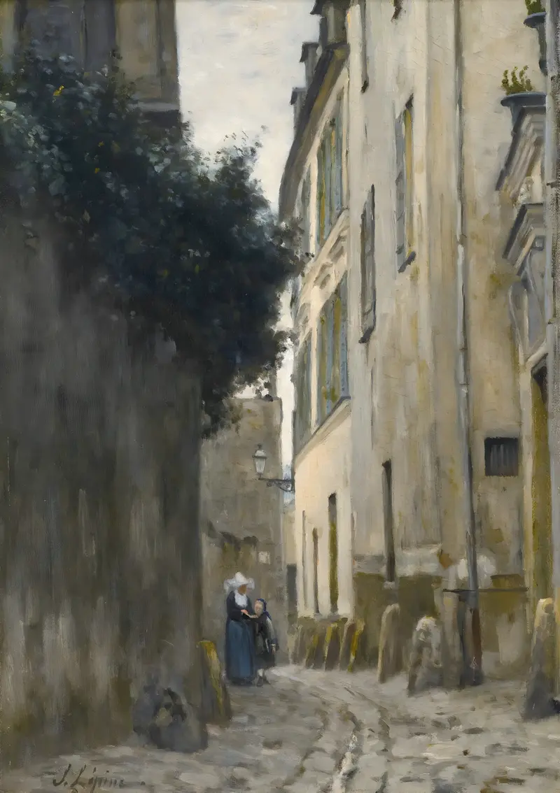 Landscape of Montmartre with cobblestones and sunlight by Stanislas Lépine, oil painting