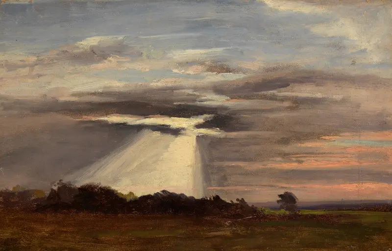 Oil painting by Eugen Bracht depicting rolling hills at dusk with warm golden light.