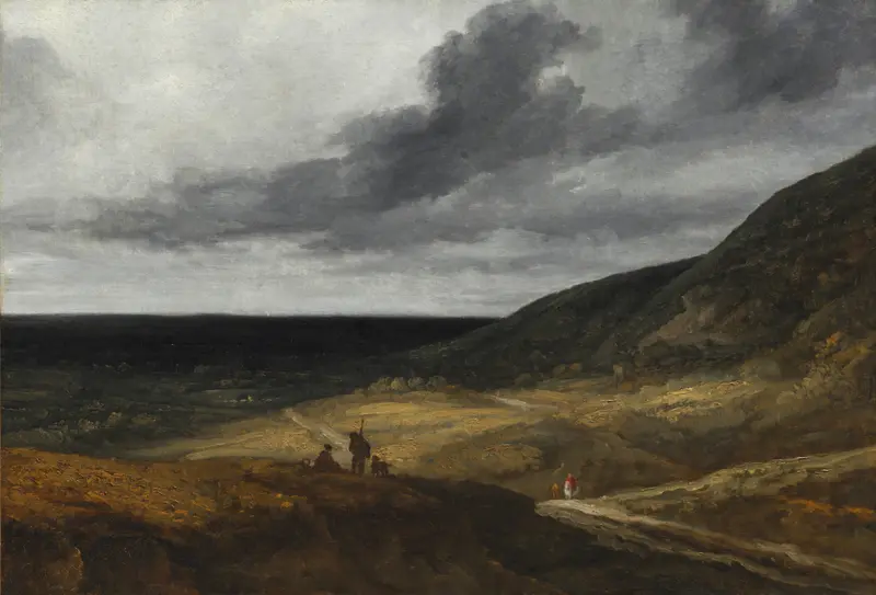 Landscape Near Paris by Georges Michel, oil on canvas, featuring soft hills and a tranquil sky.