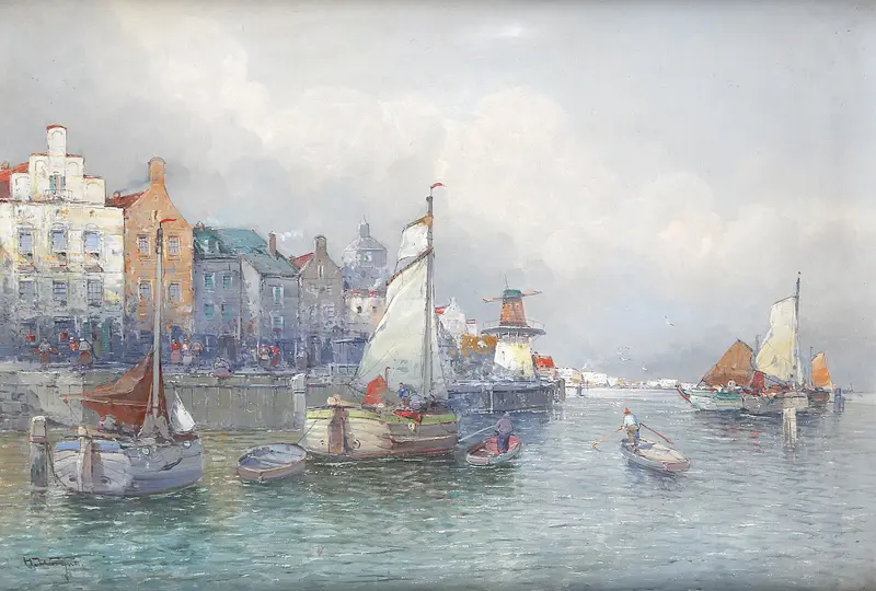Marine scene with fishing boats in a harbor, oil painting by Georg Fischhof