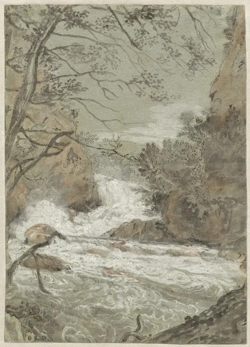 River landscape with a waterfall, oil painting by Franz Joachim Beich