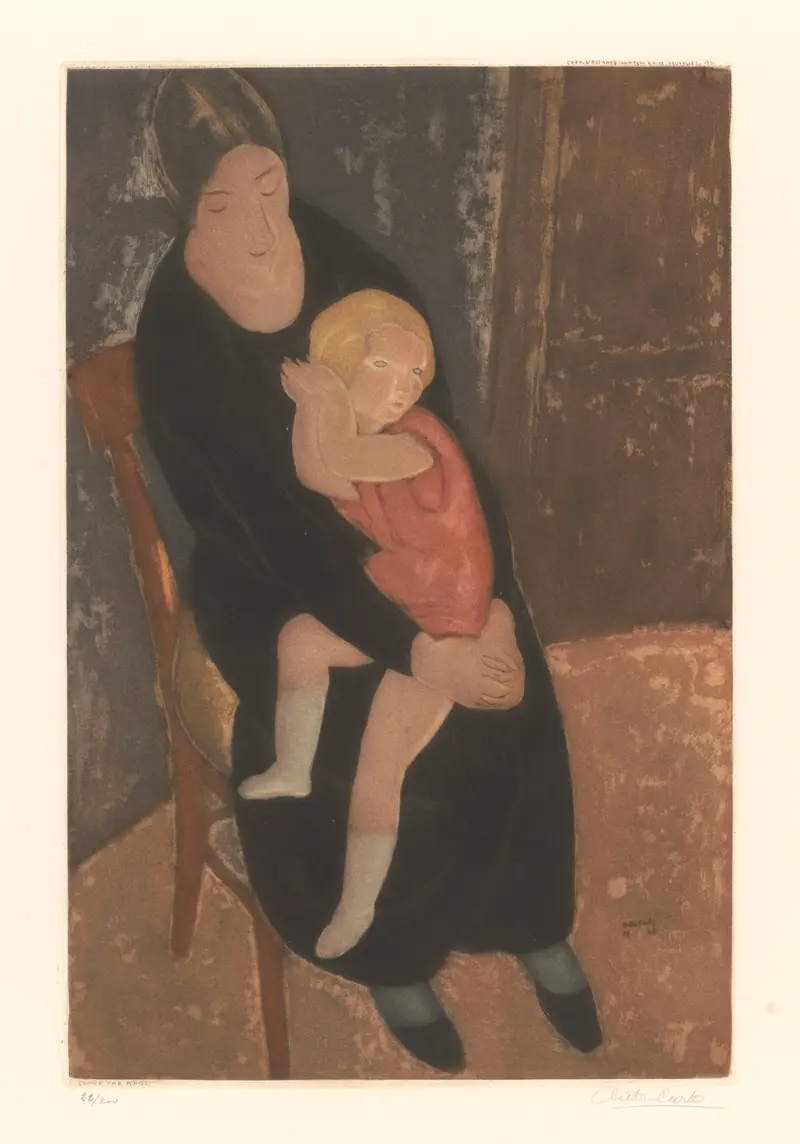 A mother embraces her child, with gentle shapes and a muted palette creating an intimate atmosphere.