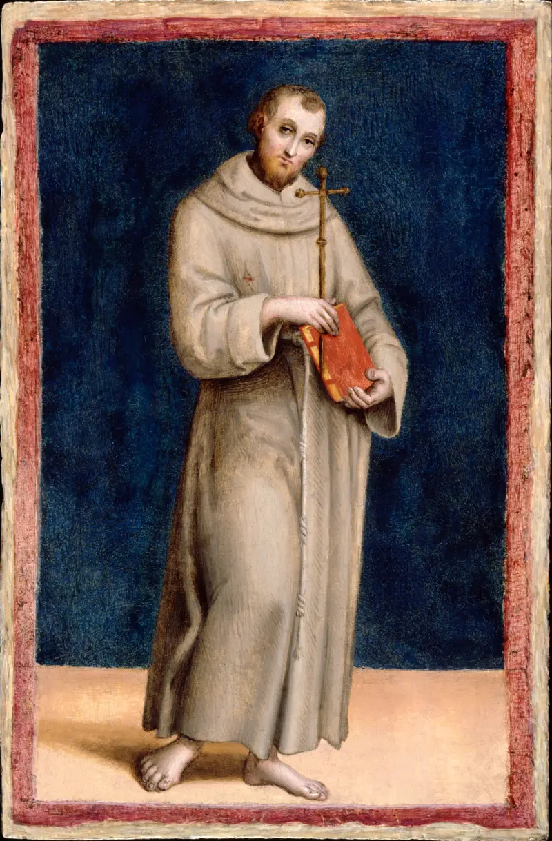Saint Francis of Assisi stands in a rocky landscape, hands crossed, eyes lifted to the heavens.