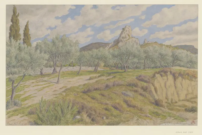 Landscape featuring mountains and a tranquil sky by Henri Rivière