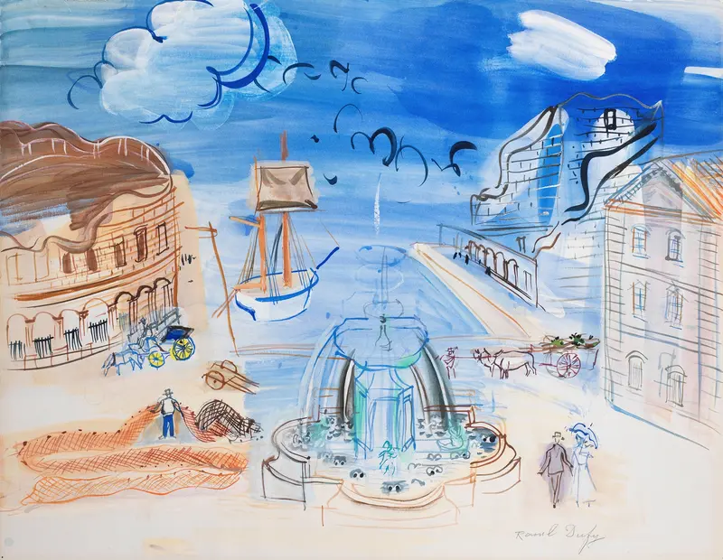 Composition au port et à la fontaine by Raoul Dufy, oil on canvas depicting a vibrant landscape with a fountain.