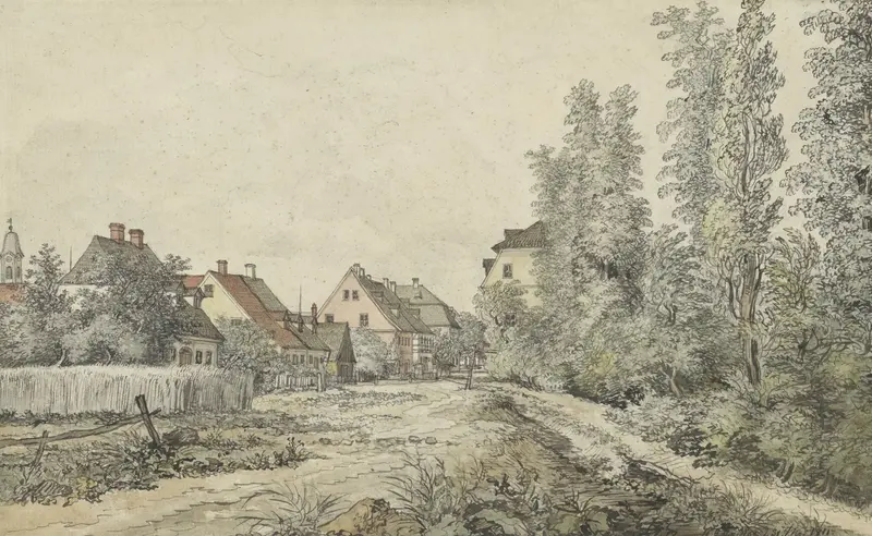 Watercolour by Henry Edridge depicting a village landscape with homes and a winding pathway.