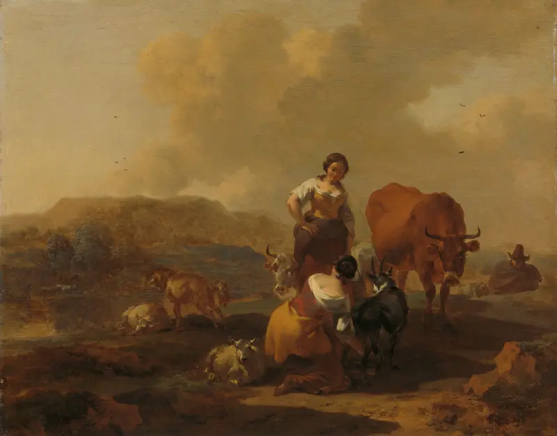 Italian Landscape by Nicolaes Pietersz Berchem, oil painting depicting hills and sunlight