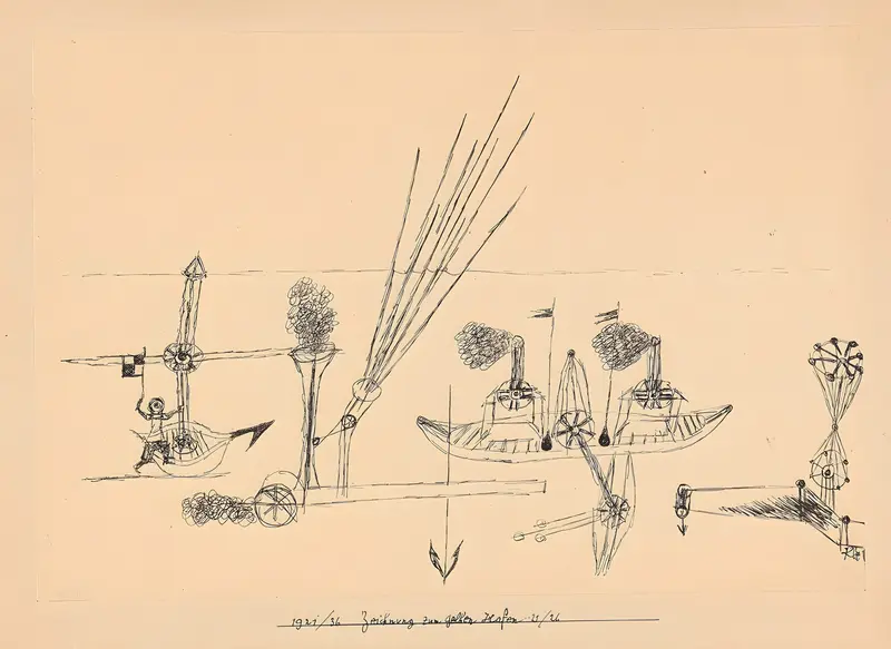 Paul Klee's 'Zeichnung zum gelben Hafen' features abstract shapes and vibrant colors.
