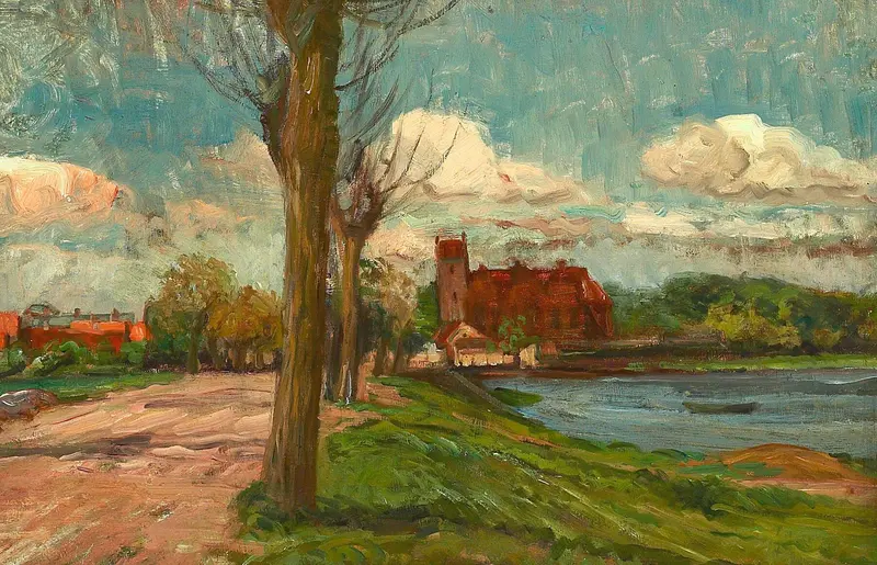 A road leads through tall trees toward a small town with red-roofed buildings and a church under a dramatic sky.