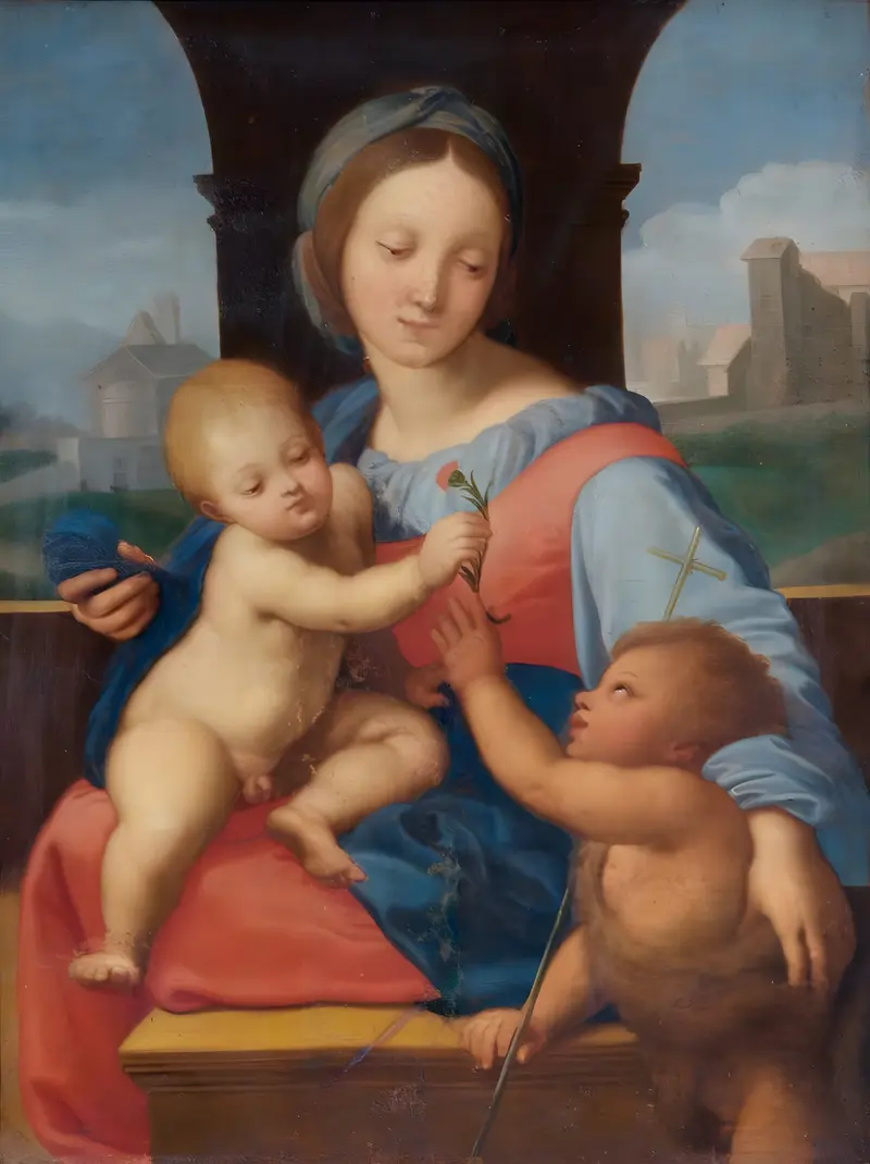 The Virgin Mary cradles the infant Christ, embodying maternal tenderness.