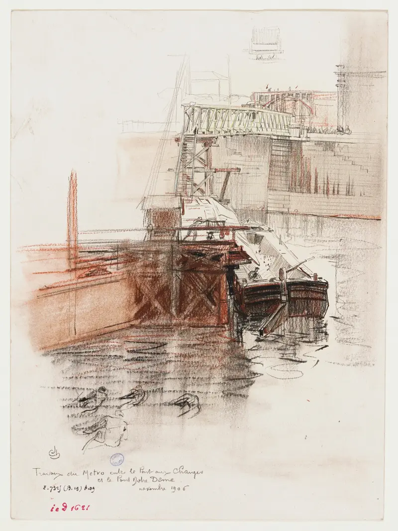 Watercolor by Charles Jouas depicting metro work under a bridge.