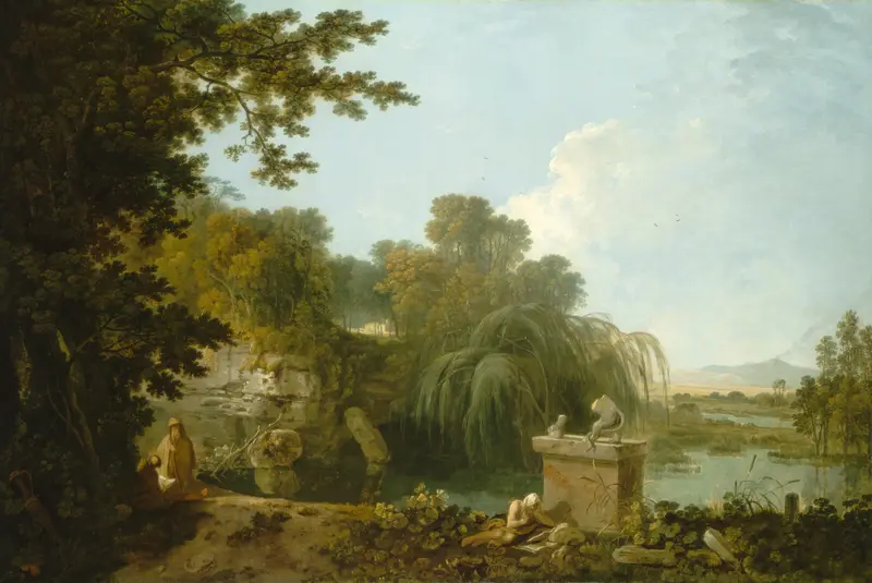 Solitude by Richard Wilson, oil on canvas depicting a sunset over rolling hills