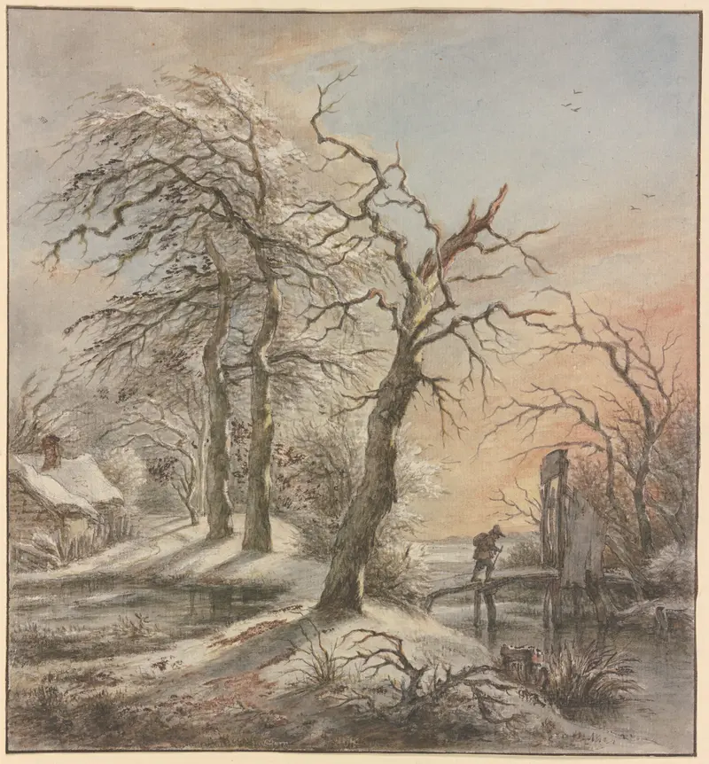 Winterlandschaft by Jan Hulswit, depicting a wanderer on a bridge in a snowy landscape.