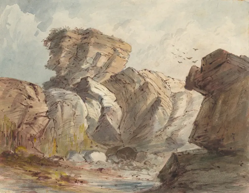Rocky Landscape by Truman Seymour, oil painting depicting rugged rocks and sunlight.