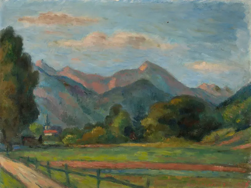 Tatra landscape oil painting by Wacław Wąsowicz depicting mountains and sky.