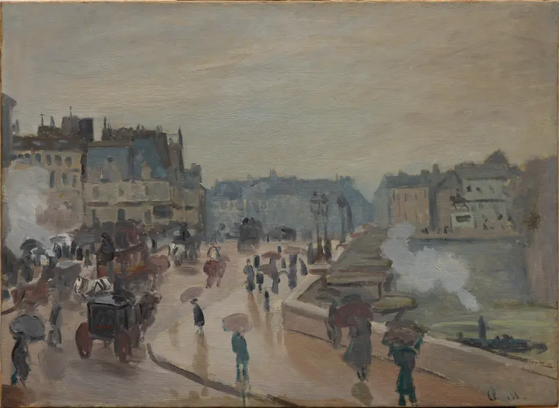 A rainy city scene on Le Pont Neuf with figures holding umbrellas, a red carriage, street lamps, and buildings along the bridge.
