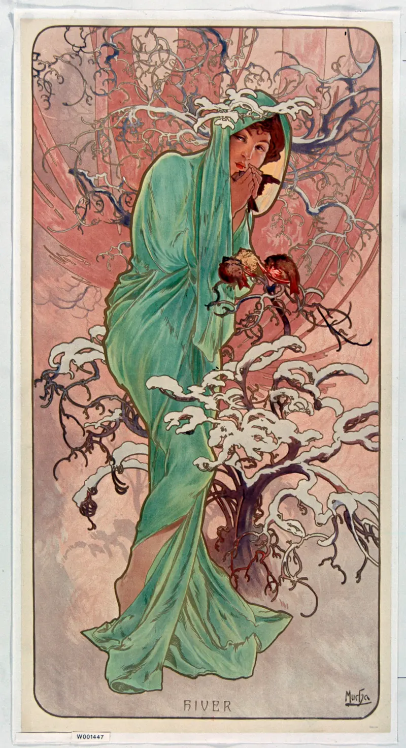 Alphonse Mucha's 'Les Saisons – hiver' depicts winter through intricate designs and muted colors.
