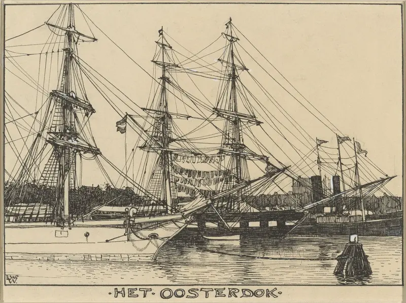 Het Oosterdok te Amsterdam by Willem Wenckebach, oil painting depicting boats at twilight.