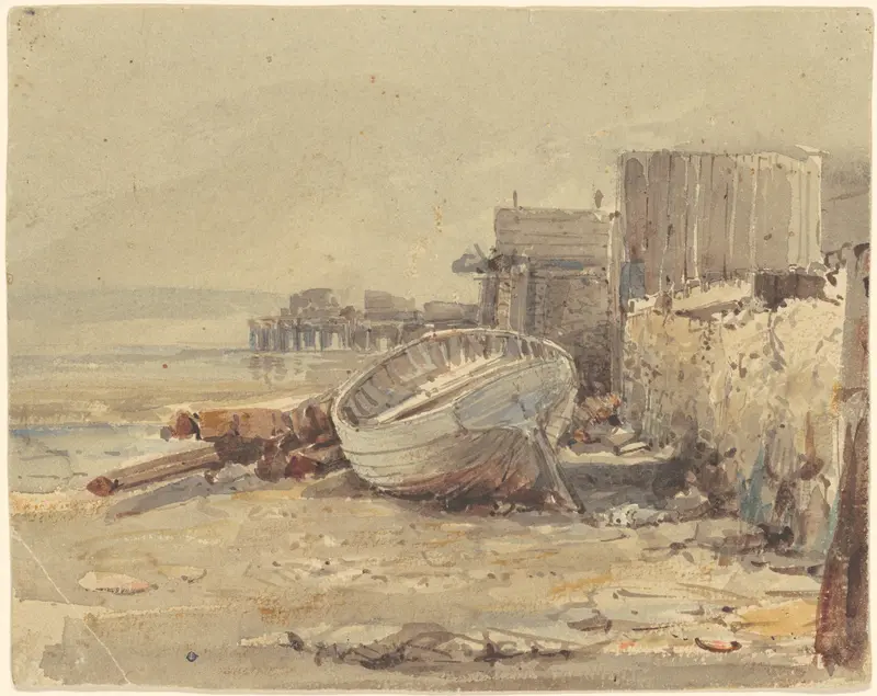 Beached Vessel by George Loring Brown, oil painting of a derelict ship on the shore.