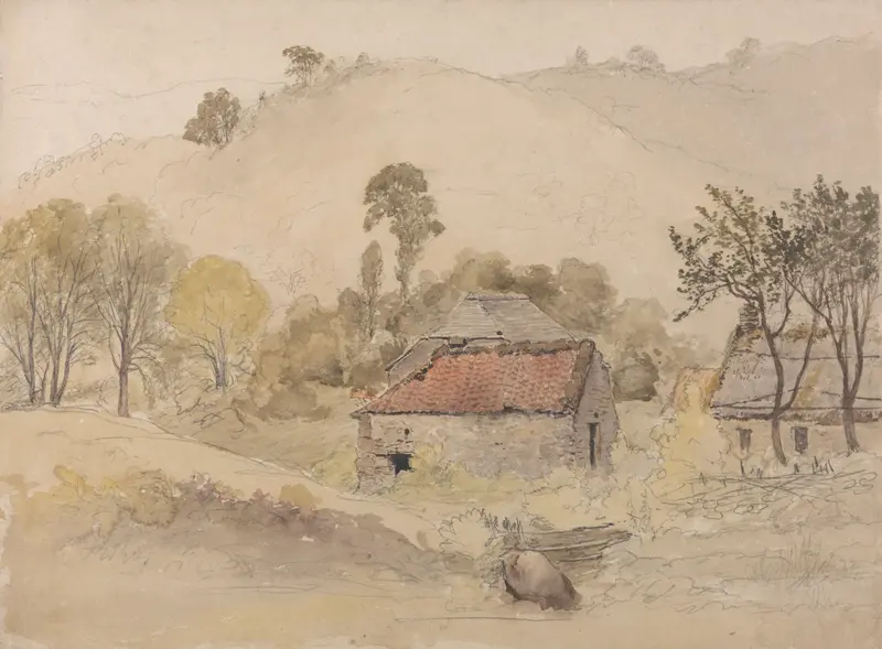 Landscape featuring barns at twilight by Samuel Palmer, oil painting