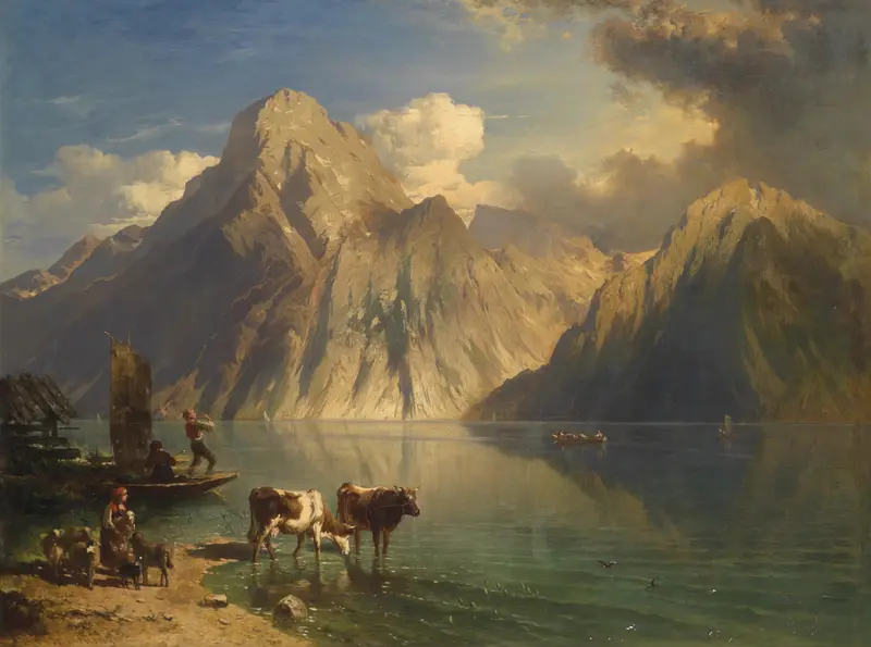 Landscape featuring Traunstein mountain and lake by Carl Schweninger, oil painting