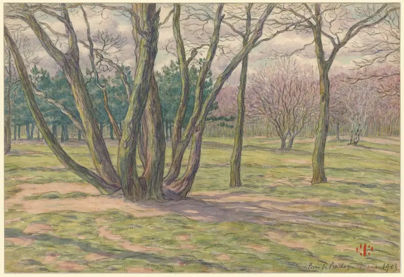 Bois de Boulogne by Henri Rivière, oil painting depicting a serene landscape with a lake and lush greenery.