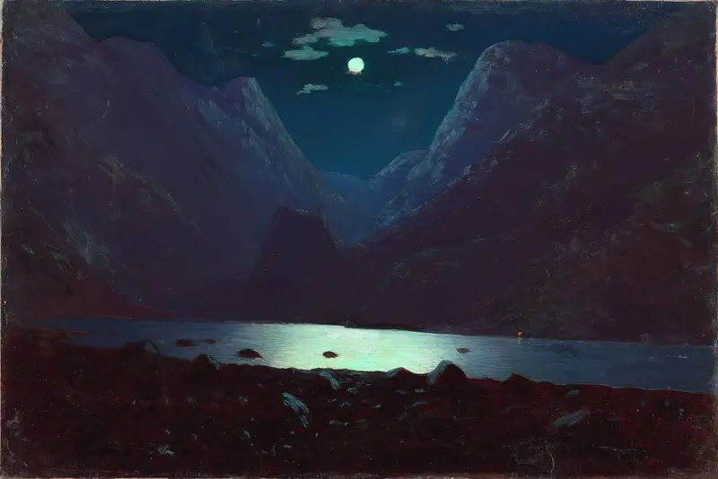 A moonlit night over shadowed mountains with a bright reflection on water.