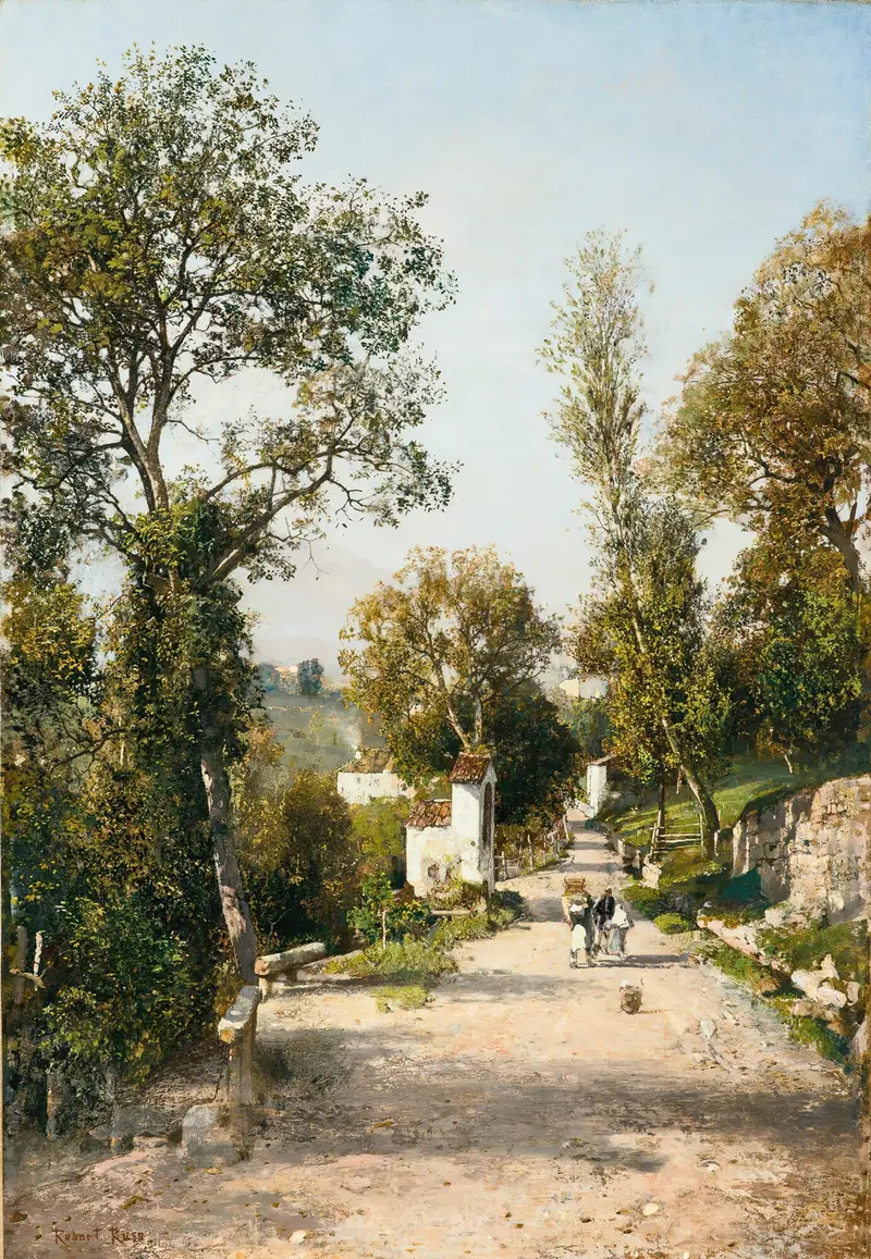 Landscape in South Tyrol by Robert Russ, oil painting depicting lush hills and sky.