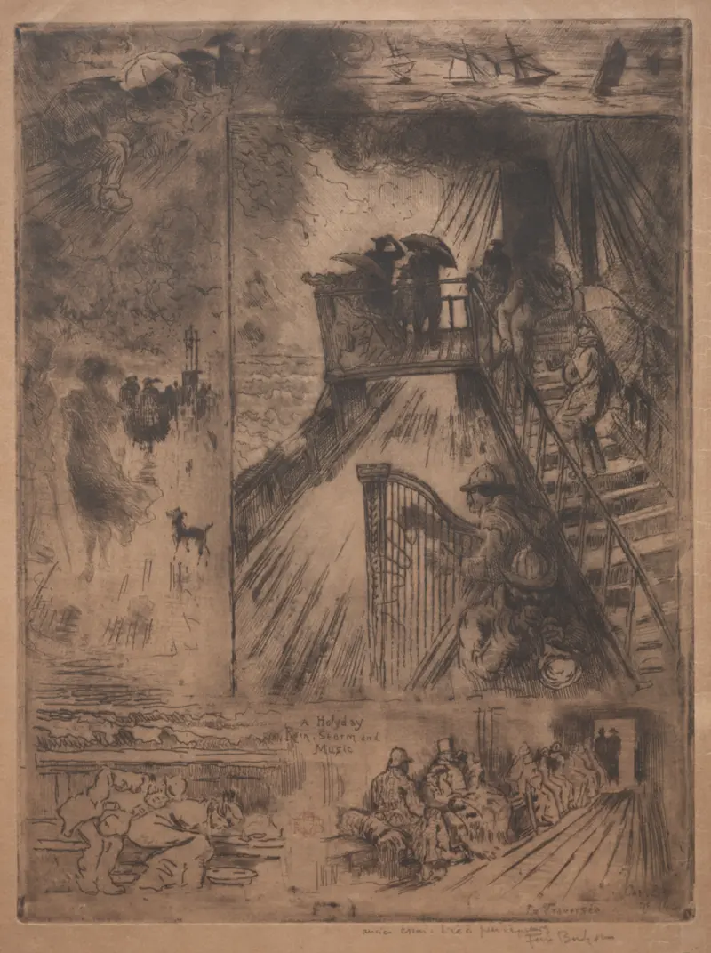 Etching by Félix Hilaire Buhot depicting figures on a bridge in twilight.