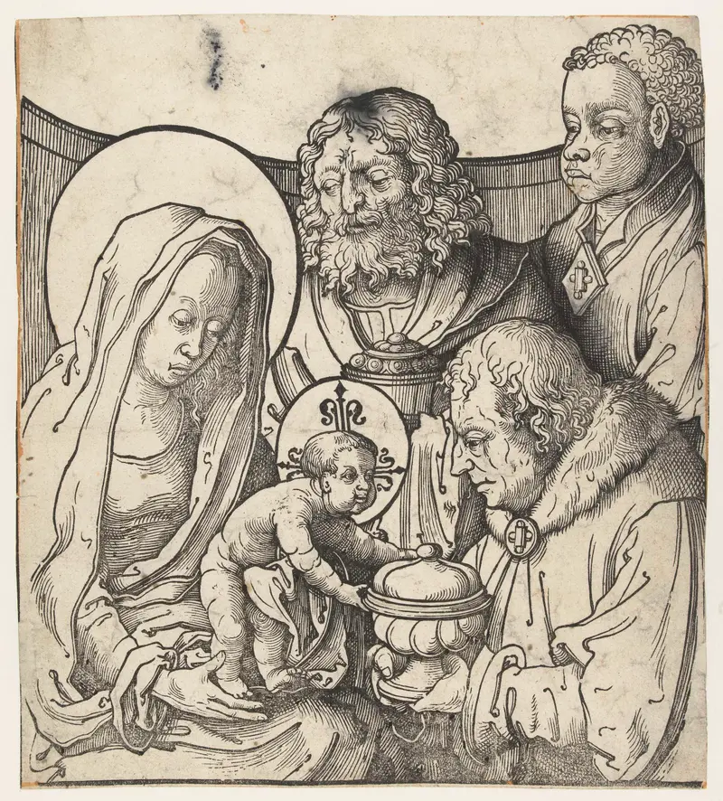 De aanbidding der koningen, oil on panel by Unknown Artist, showing three kings offering gifts to the infant Christ.
