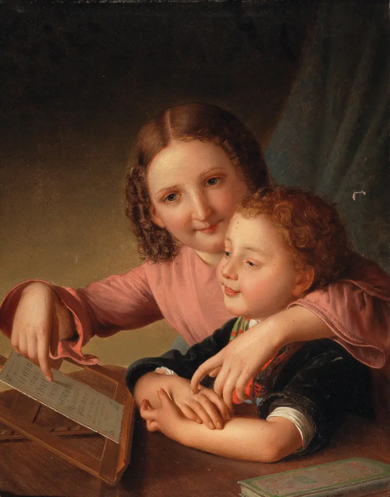 A genre scene depicting a lesson in a domestic setting.