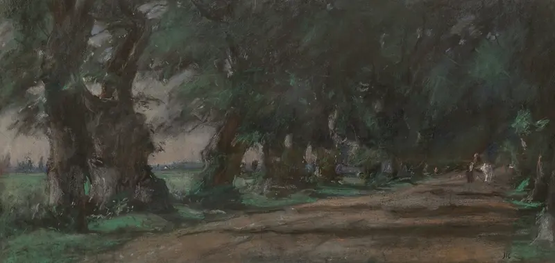 Landscape featuring a path through a forest with dappled light, by Joseph Frank Currier.
