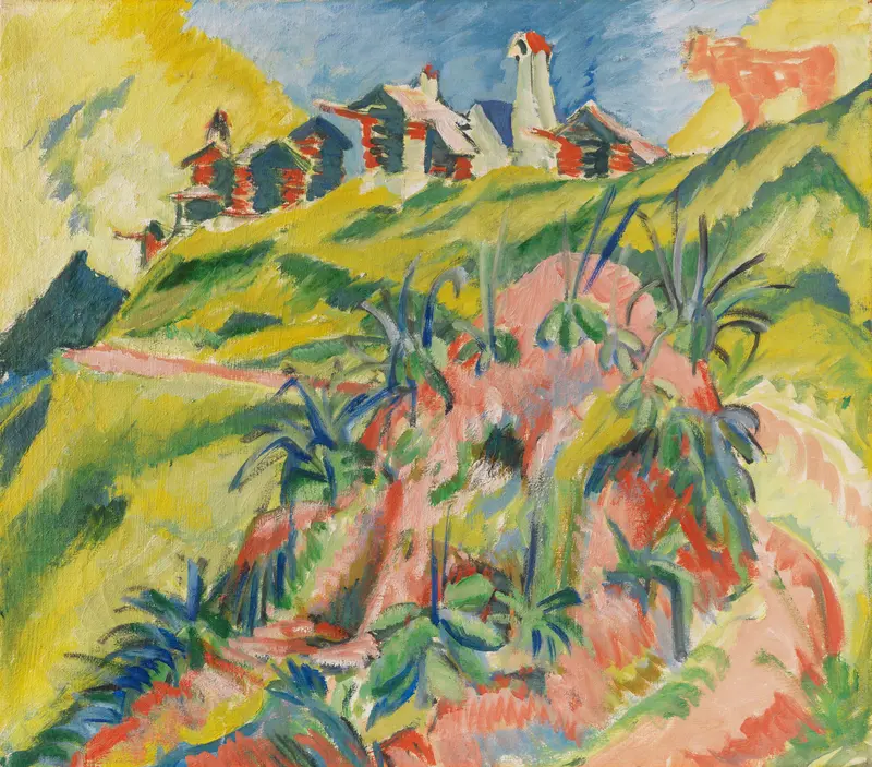 Expressionism oil painting by Ernst Ludwig Kirchner featuring a pink cow and vibrant colors.