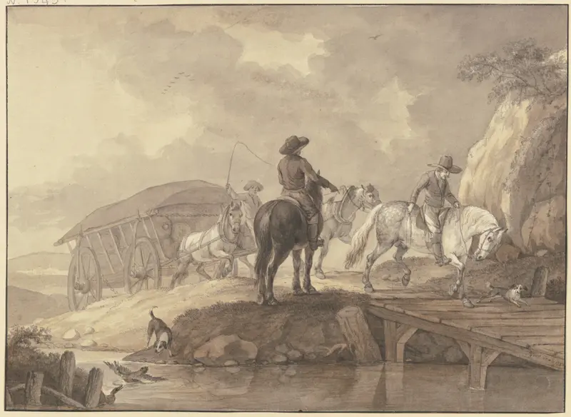 Oil painting by Johann Georg Pforr showing a laden wagon crossing a bridge with riders and dogs.