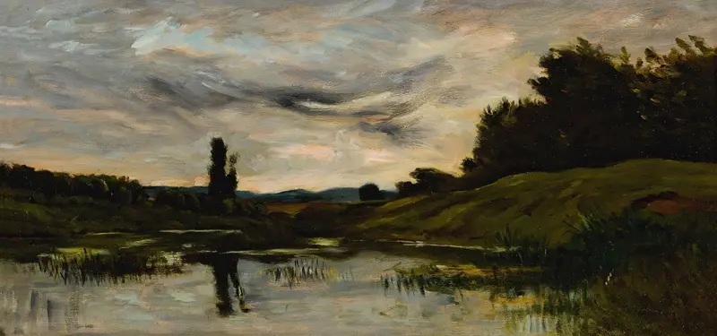 Coucher Du Soleil Sur La Rivière, oil on canvas by Charles François Daubigny depicting a river at sunset.