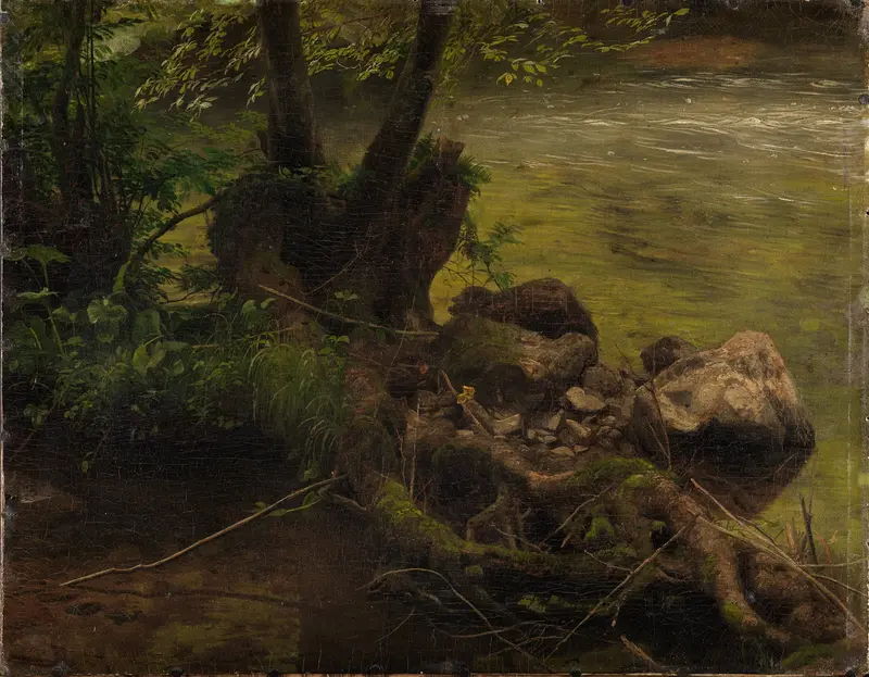 Wurzeln und Steine am Bach by Johann Wilhelm Schirmer, oil on canvas depicting roots and stones by a riverbank.