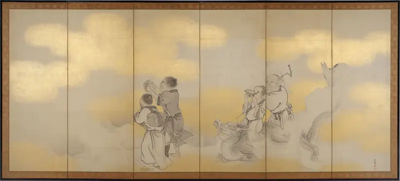 Seven Chinese Immortals by Goshun, gold medium, depicting a serene elder and companions.