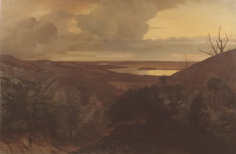 Late Evening near Himmelbjerget, Jutland by Vilhelm Kyhn, oil painting depicting tranquil hills and water