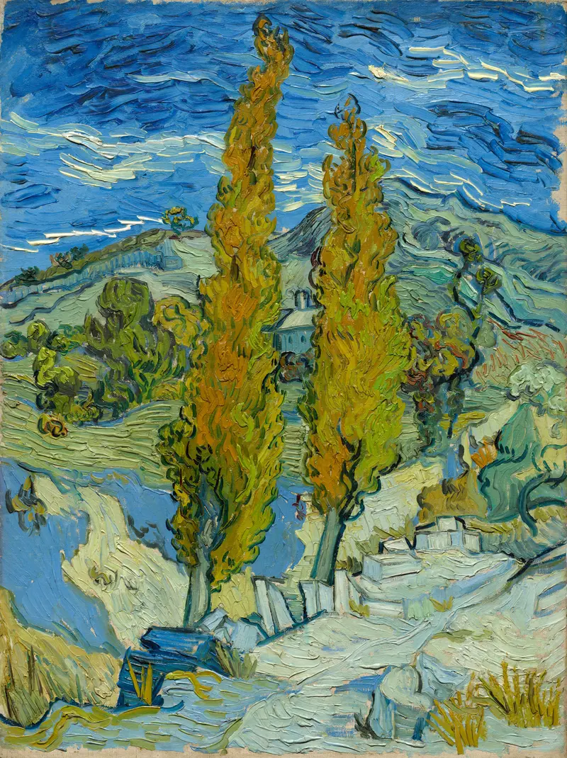 Two Poplars in the Alpilles near Saint-Rémy by Vincent van Gogh, oil painting of tall trees against a blue sky.