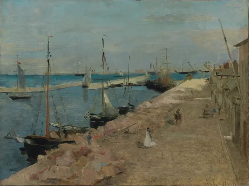 A single figure in white on a sunlit quay, surrounded by masts and rigging under a vast sky.