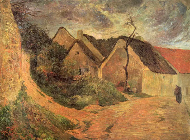 A serene landscape depicting fields and trees under a mottled sky.
